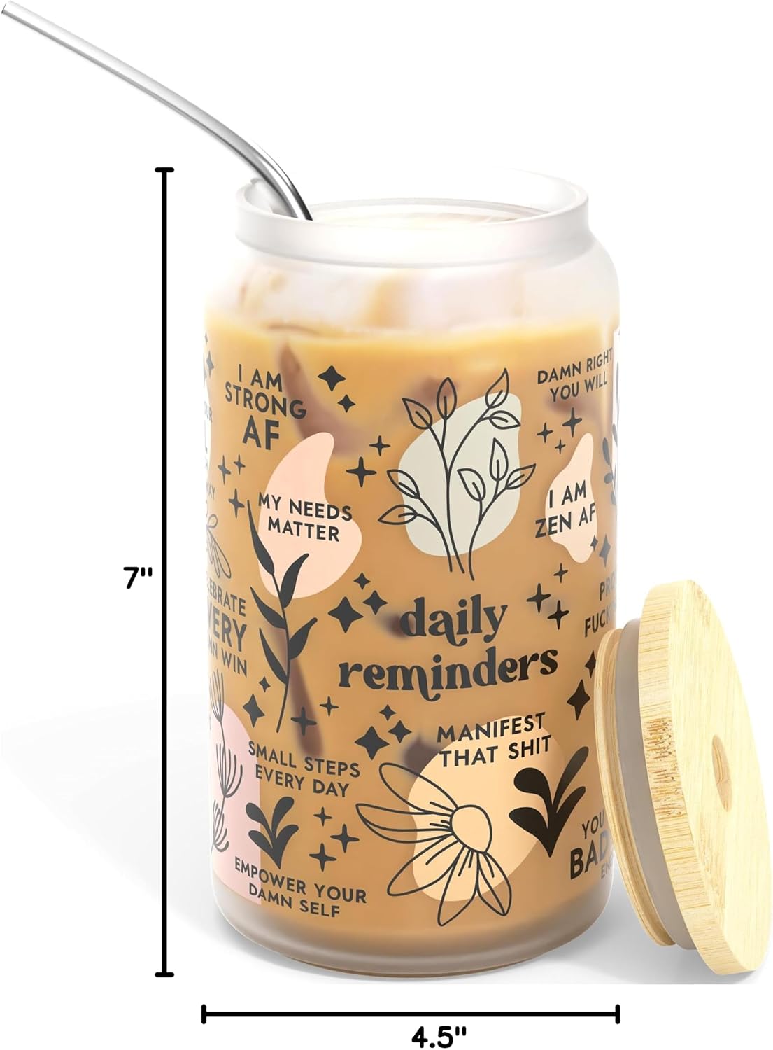Daily Affirmation Iced Coffee Cup [Frosted], Glass Cups with Bamboo Lids and Straws | 16 oz Mason Jar Drinking Glasses & Boba Cup | Glass Tumbler with Straw and Lid Mental Health [Vulgar Edition]