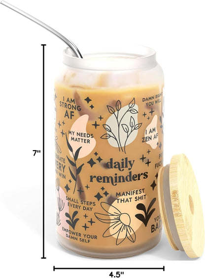 Daily Affirmation Iced Coffee Cup [Frosted], Glass Cups with Bamboo Lids and Straws | 16 oz Mason Jar Drinking Glasses & Boba Cup | Glass Tumbler with Straw and Lid Mental Health [Vulgar Edition]