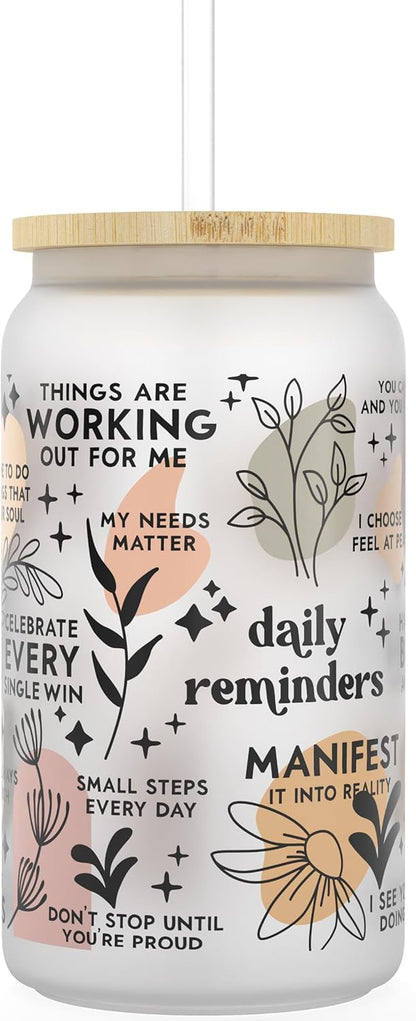 Daily Affirmation Iced Coffee Cup [Frosted], Glass Cups with Bamboo Lids and Straws | 16 oz Mason Jar Drinking Glasses & Boba Cup | Glass Tumbler with Straw and Lid Mental Health [Vulgar Edition]