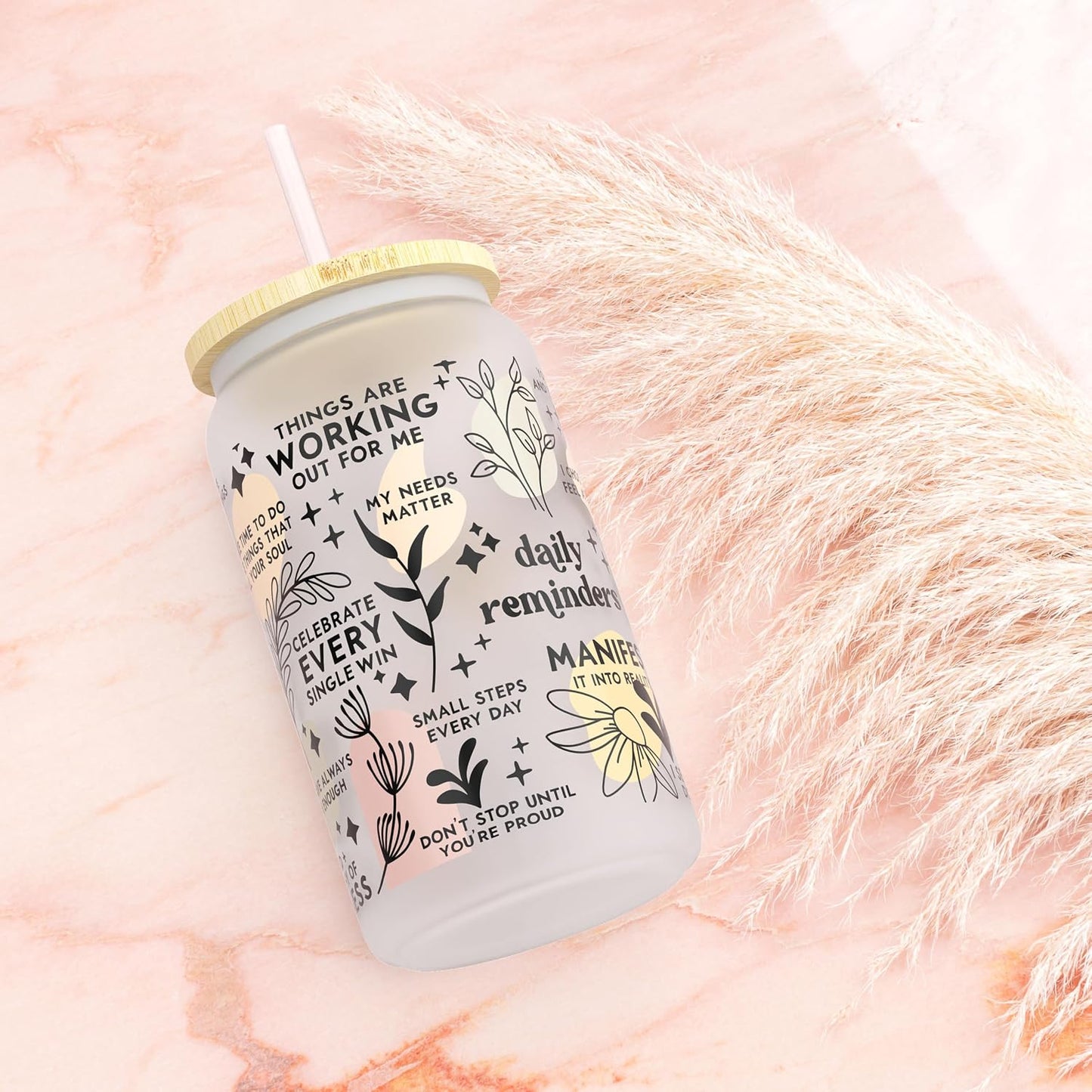 Daily Affirmation Iced Coffee Cup [Frosted], Glass Cups with Bamboo Lids and Straws | 16 oz Mason Jar Drinking Glasses & Boba Cup | Glass Tumbler with Straw and Lid Mental Health [Vulgar Edition]