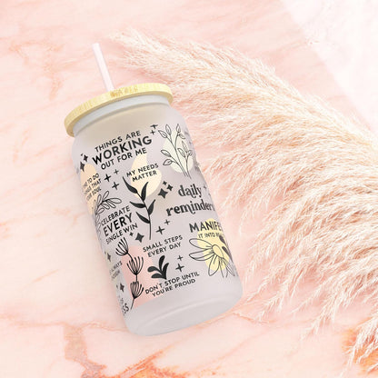 Daily Affirmation Iced Coffee Cup [Frosted], Glass Cups with Bamboo Lids and Straws | 16 oz Mason Jar Drinking Glasses & Boba Cup | Glass Tumbler with Straw and Lid Mental Health [Vulgar Edition]