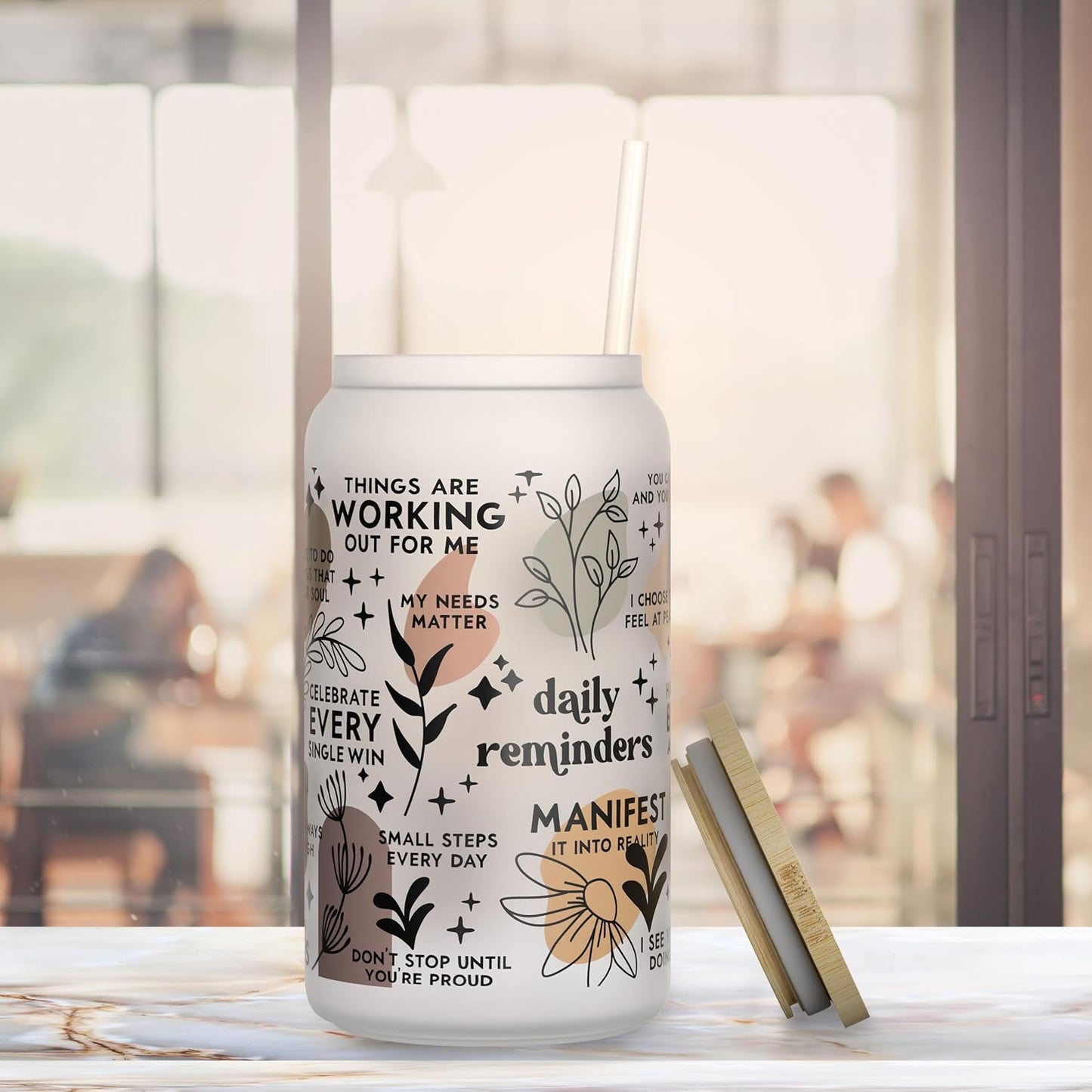 Daily Affirmation Iced Coffee Cup [Frosted], Glass Cups with Bamboo Lids and Straws | 16 oz Mason Jar Drinking Glasses & Boba Cup | Glass Tumbler with Straw and Lid Mental Health [Vulgar Edition]