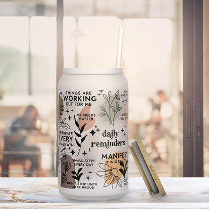 Daily Affirmation Iced Coffee Cup [Frosted], Glass Cups with Bamboo Lids and Straws | 16 oz Mason Jar Drinking Glasses & Boba Cup | Glass Tumbler with Straw and Lid Mental Health [Vulgar Edition]