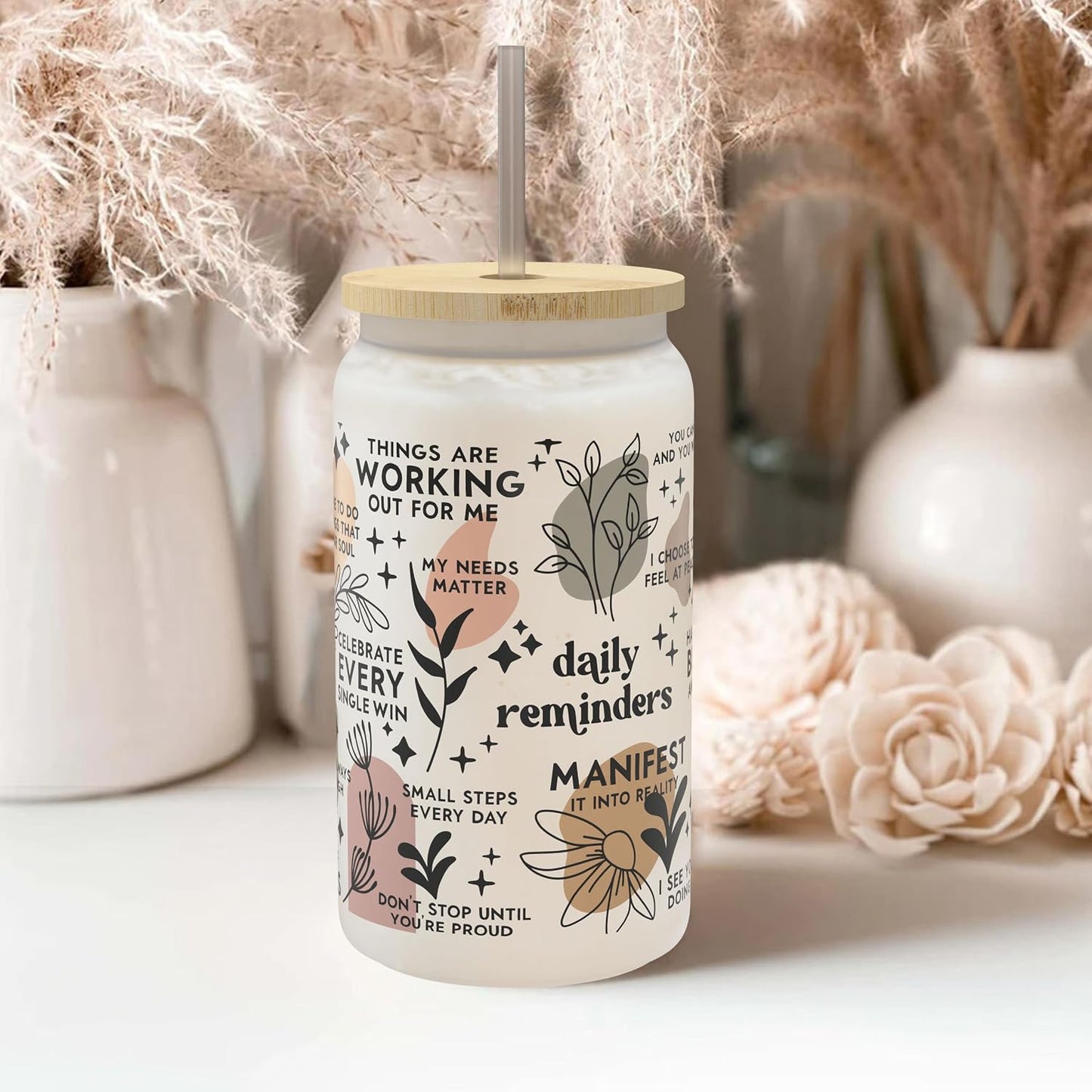 Daily Affirmation Iced Coffee Cup [Frosted], Glass Cups with Bamboo Lids and Straws | 16 oz Mason Jar Drinking Glasses & Boba Cup | Glass Tumbler with Straw and Lid Mental Health [Vulgar Edition]