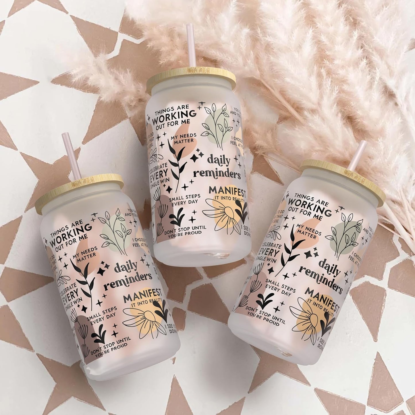 Daily Affirmation Iced Coffee Cup [Frosted], Glass Cups with Bamboo Lids and Straws | 16 oz Mason Jar Drinking Glasses & Boba Cup | Glass Tumbler with Straw and Lid Mental Health [Vulgar Edition]