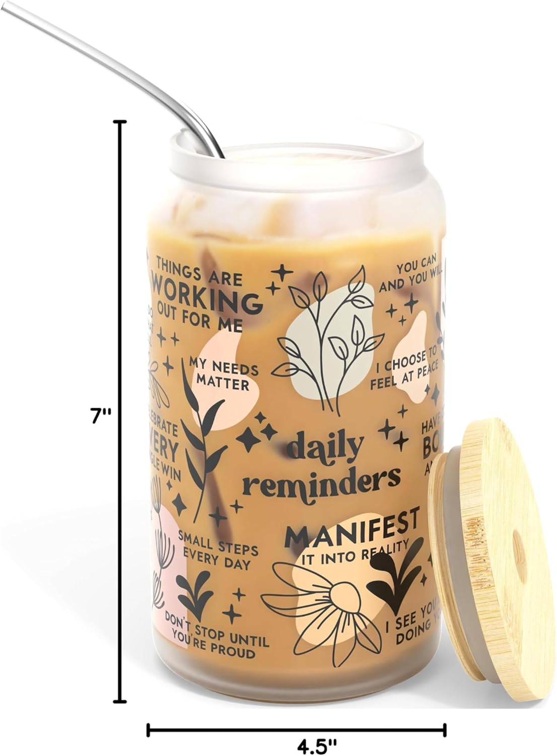 Daily Affirmation Iced Coffee Cup [Frosted], Glass Cups with Bamboo Lids and Straws | 16 oz Mason Jar Drinking Glasses & Boba Cup | Glass Tumbler with Straw and Lid Mental Health [Vulgar Edition]