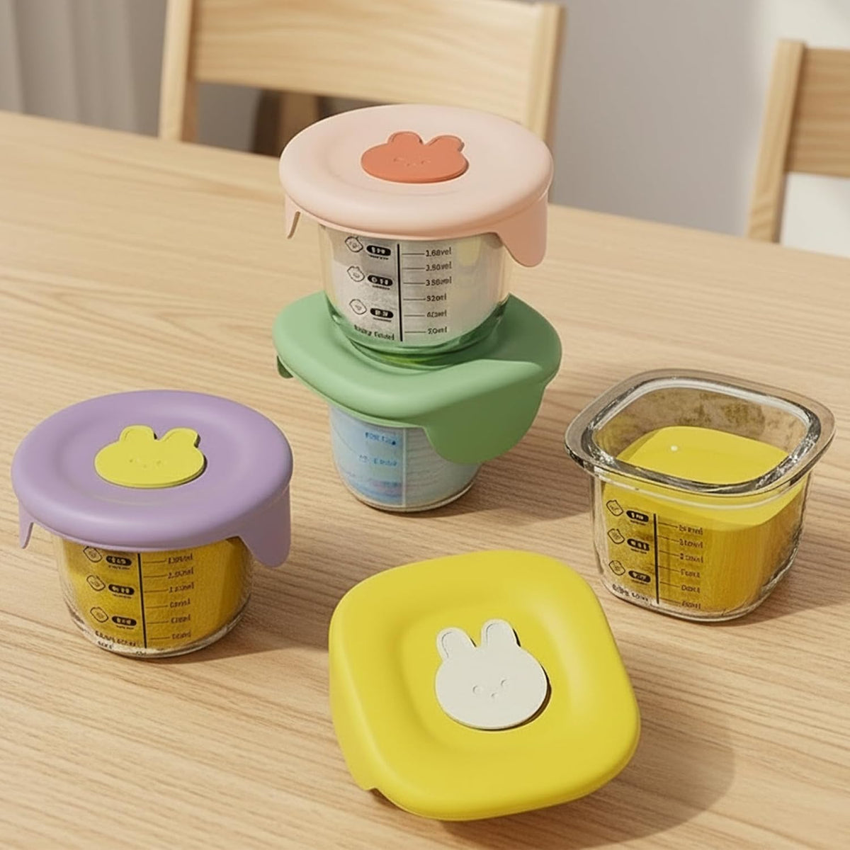 Food Storage Containers with Lids: 4Pcs 230ml Reusable Baby Food Glass Jars with Silicone Lid & Scale, Resistant Microwavable Storage Containers for Baby Food, Puree, Salad Dressing