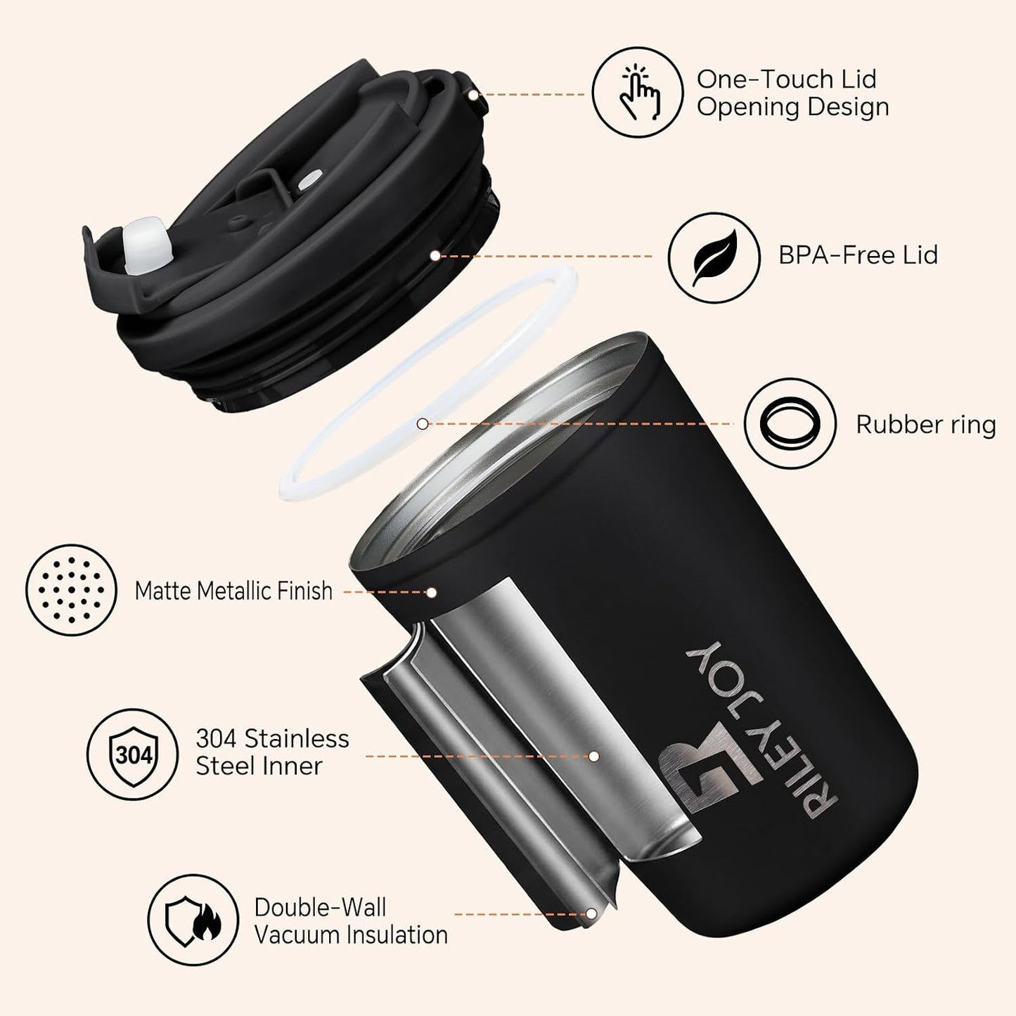 13oz Insulated Travel Coffee Mug, Hot & Iced Coffee Cups with Lids, White | 100% Leak Proof, Stainless Steel Vacuum Insulated, Cup holder Friendly, One-Touch Open, To Go, Reusable, Coffee Tumbler
