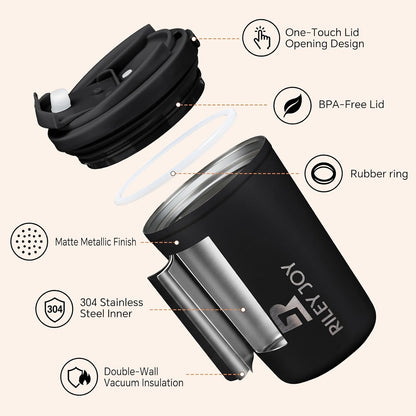 13oz Insulated Travel Coffee Mug, Hot & Iced Coffee Cups with Lids, White | 100% Leak Proof, Stainless Steel Vacuum Insulated, Cup holder Friendly, One-Touch Open, To Go, Reusable, Coffee Tumbler
