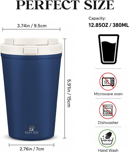 13oz Insulated Travel Coffee Mug, Hot & Iced Coffee Cups with Lids, White | 100% Leak Proof, Stainless Steel Vacuum Insulated, Cup holder Friendly, One-Touch Open, To Go, Reusable, Coffee Tumbler