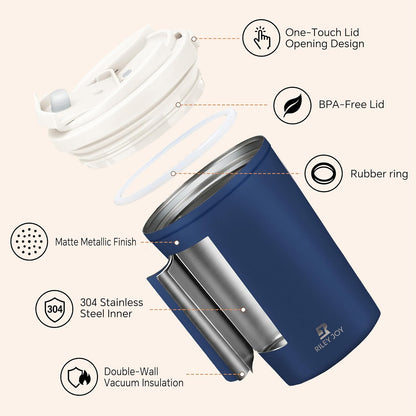 13oz Insulated Travel Coffee Mug, Hot & Iced Coffee Cups with Lids, White | 100% Leak Proof, Stainless Steel Vacuum Insulated, Cup holder Friendly, One-Touch Open, To Go, Reusable, Coffee Tumbler