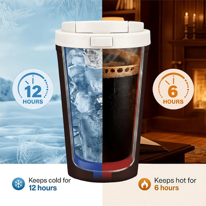 13oz Insulated Travel Coffee Mug, Hot & Iced Coffee Cups with Lids, White | 100% Leak Proof, Stainless Steel Vacuum Insulated, Cup holder Friendly, One-Touch Open, To Go, Reusable, Coffee Tumbler