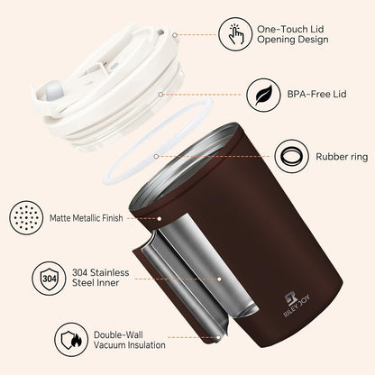 13oz Insulated Travel Coffee Mug, Hot & Iced Coffee Cups with Lids, White | 100% Leak Proof, Stainless Steel Vacuum Insulated, Cup holder Friendly, One-Touch Open, To Go, Reusable, Coffee Tumbler