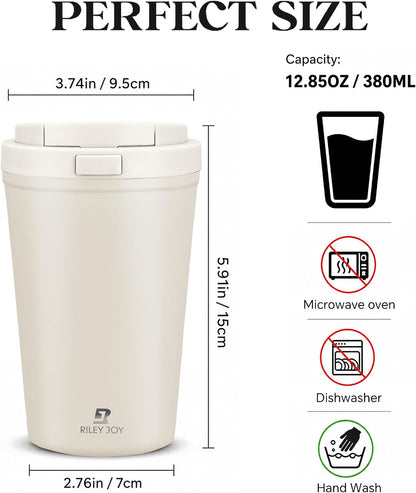 13oz Insulated Travel Coffee Mug, Hot & Iced Coffee Cups with Lids, White | 100% Leak Proof, Stainless Steel Vacuum Insulated, Cup holder Friendly, One-Touch Open, To Go, Reusable, Coffee Tumbler