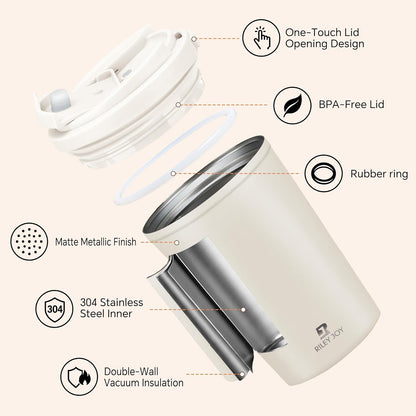 13oz Insulated Travel Coffee Mug, Hot & Iced Coffee Cups with Lids, White | 100% Leak Proof, Stainless Steel Vacuum Insulated, Cup holder Friendly, One-Touch Open, To Go, Reusable, Coffee Tumbler
