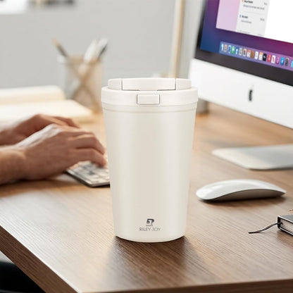 13oz Insulated Travel Coffee Mug, Hot & Iced Coffee Cups with Lids, White | 100% Leak Proof, Stainless Steel Vacuum Insulated, Cup holder Friendly, One-Touch Open, To Go, Reusable, Coffee Tumbler