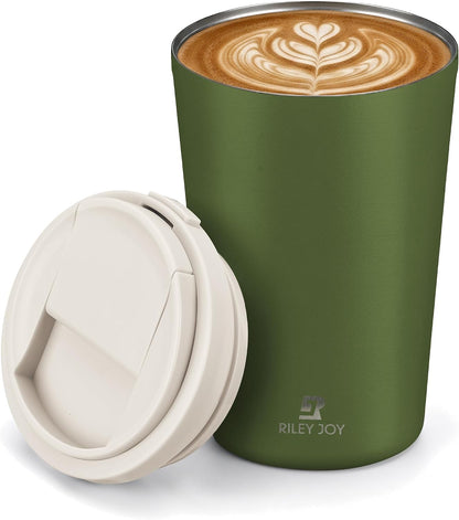 13oz Insulated Travel Coffee Mug, Hot & Iced Coffee Cups with Lids, White | 100% Leak Proof, Stainless Steel Vacuum Insulated, Cup holder Friendly, One-Touch Open, To Go, Reusable, Coffee Tumbler