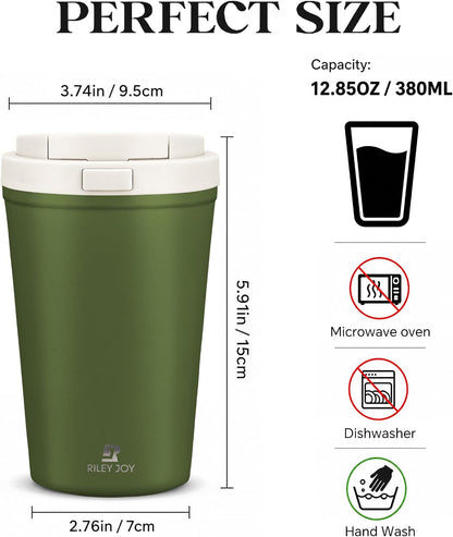 13oz Insulated Travel Coffee Mug, Hot & Iced Coffee Cups with Lids, White | 100% Leak Proof, Stainless Steel Vacuum Insulated, Cup holder Friendly, One-Touch Open, To Go, Reusable, Coffee Tumbler