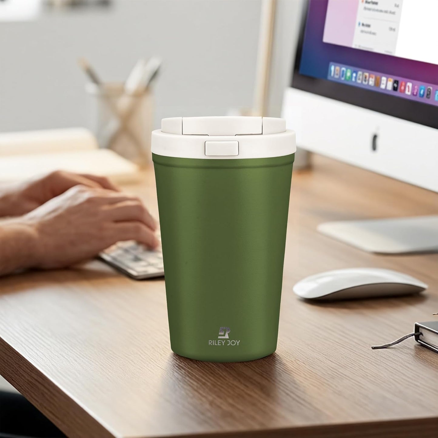 13oz Insulated Travel Coffee Mug, Hot & Iced Coffee Cups with Lids, White | 100% Leak Proof, Stainless Steel Vacuum Insulated, Cup holder Friendly, One-Touch Open, To Go, Reusable, Coffee Tumbler
