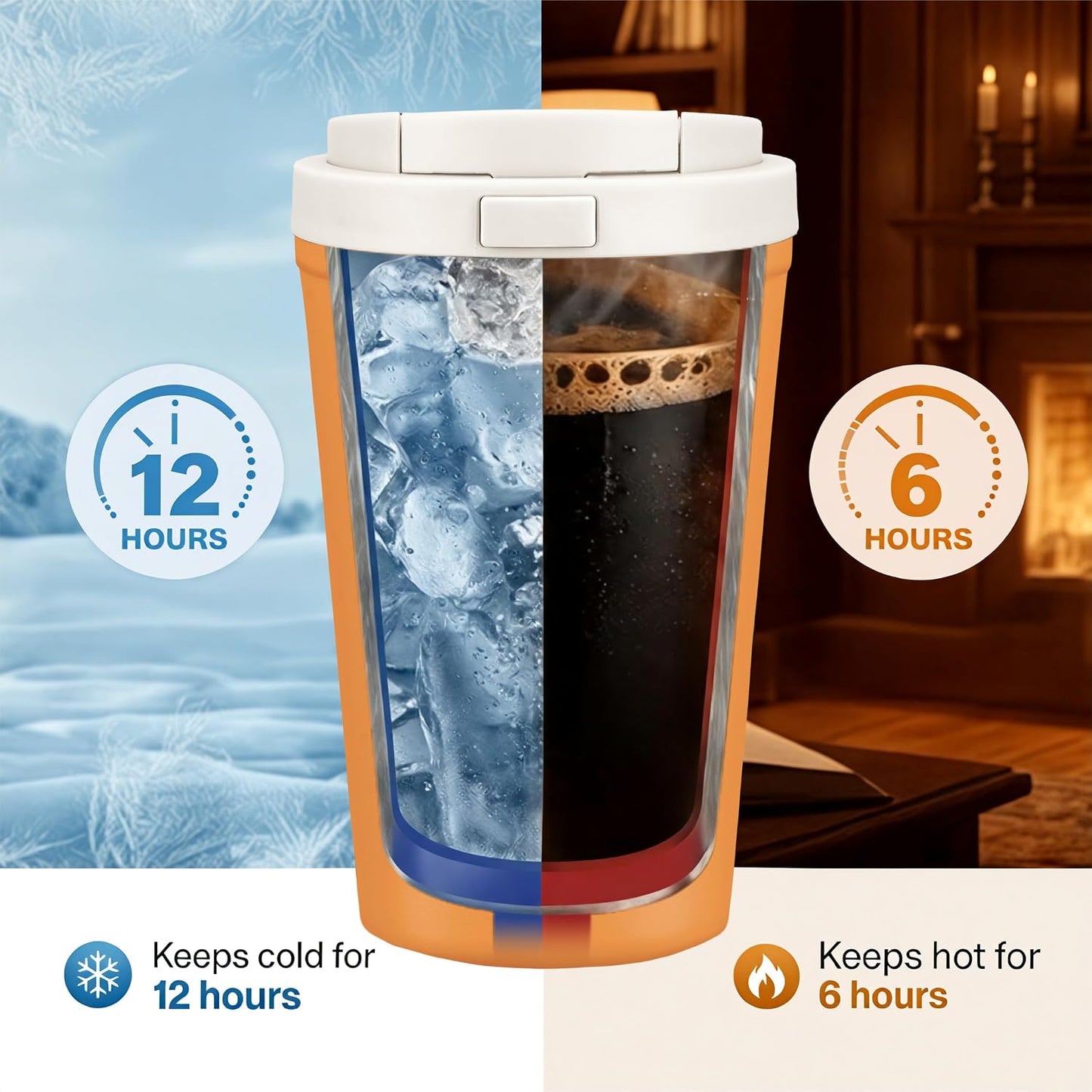13oz Insulated Travel Coffee Mug, Hot & Iced Coffee Cups with Lids, White | 100% Leak Proof, Stainless Steel Vacuum Insulated, Cup holder Friendly, One-Touch Open, To Go, Reusable, Coffee Tumbler