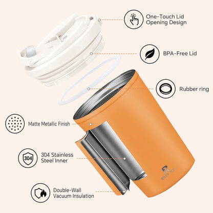 13oz Insulated Travel Coffee Mug, Hot & Iced Coffee Cups with Lids, White | 100% Leak Proof, Stainless Steel Vacuum Insulated, Cup holder Friendly, One-Touch Open, To Go, Reusable, Coffee Tumbler