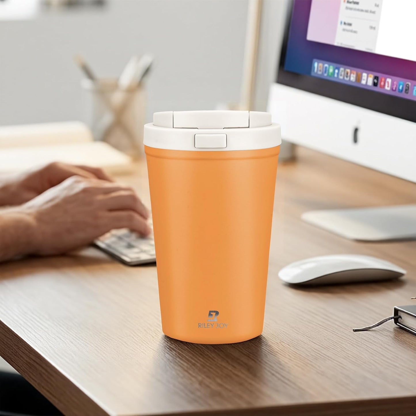 13oz Insulated Travel Coffee Mug, Hot & Iced Coffee Cups with Lids, White | 100% Leak Proof, Stainless Steel Vacuum Insulated, Cup holder Friendly, One-Touch Open, To Go, Reusable, Coffee Tumbler