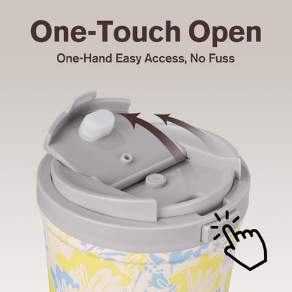 13oz Insulated Travel Coffee Mug, Hot & Iced Coffee Cups with Lids, White | 100% Leak Proof, Stainless Steel Vacuum Insulated, Cup holder Friendly, One-Touch Open, To Go, Reusable, Coffee Tumbler