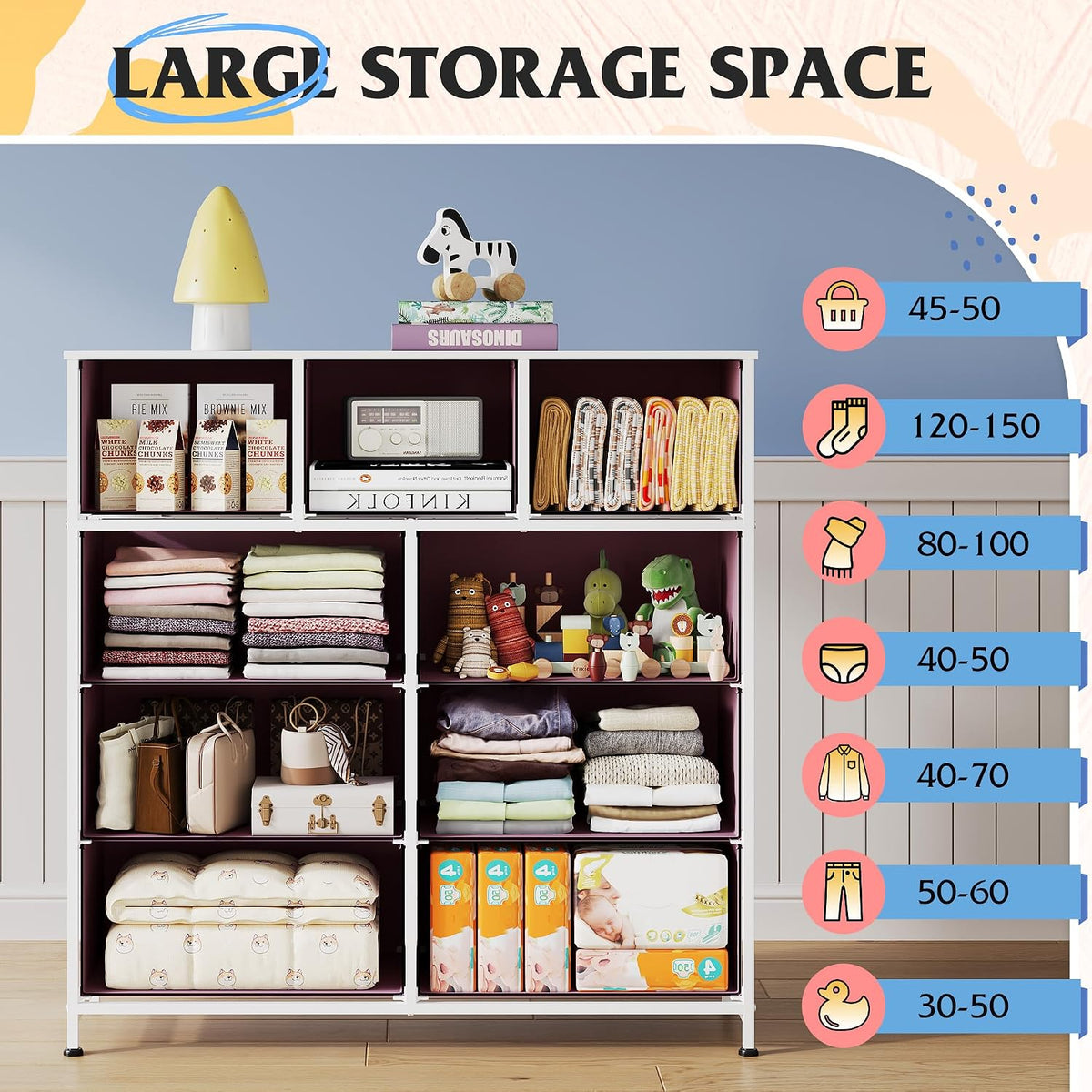 Tall Dresser for Bedroom, 9 Drawer Chest of Drawers, White