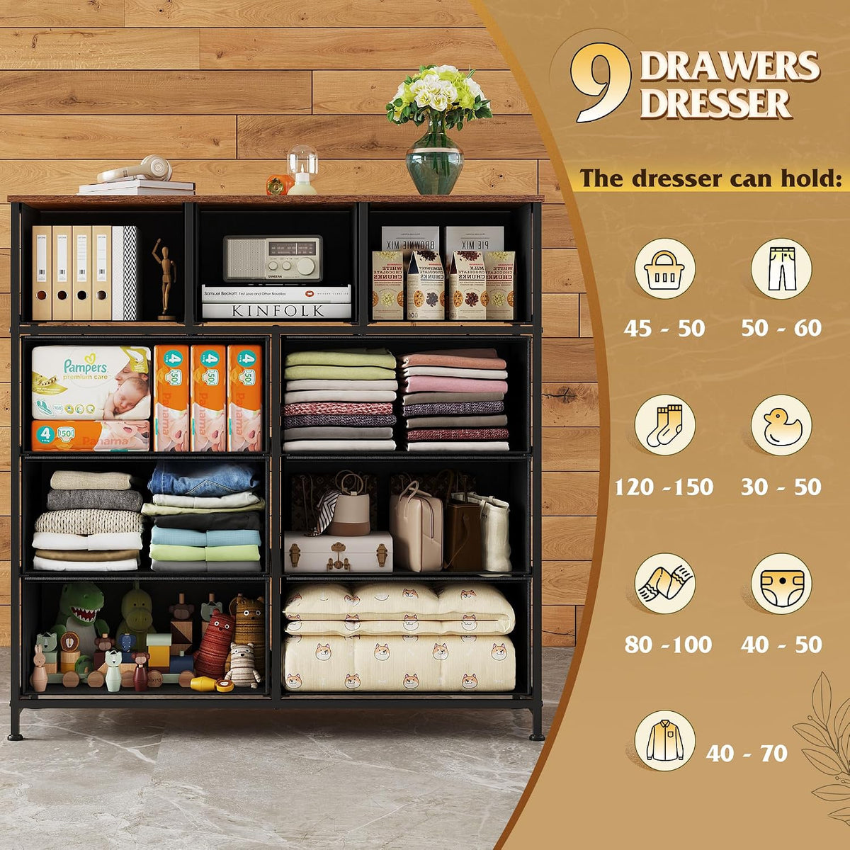 Tall Dresser for Bedroom, 9 Drawer Chest of Drawers, White