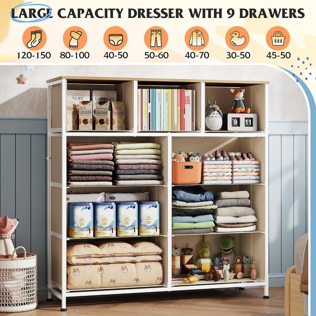 Tall Dresser for Bedroom, 9 Drawer Chest of Drawers, White