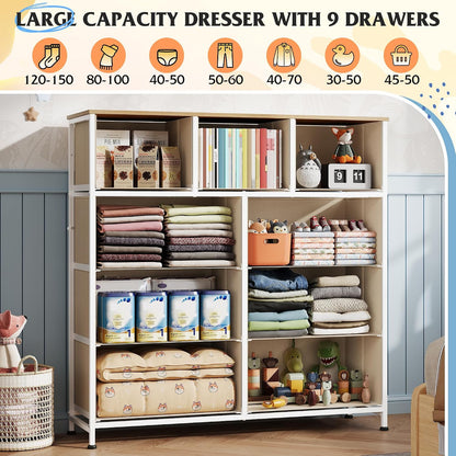 Tall Dresser for Bedroom, 9 Drawer Chest of Drawers, White