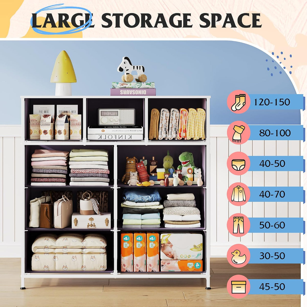 Tall Dresser for Bedroom, 9 Drawer Chest of Drawers, White