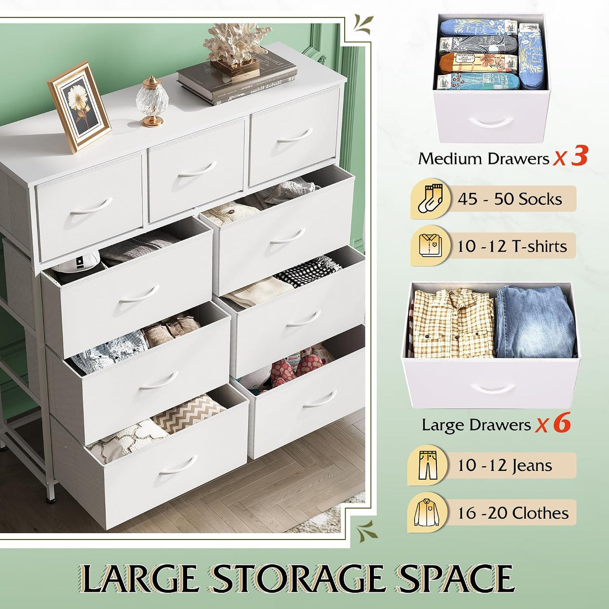 Tall Dresser for Bedroom, 9 Drawer Chest of Drawers, White