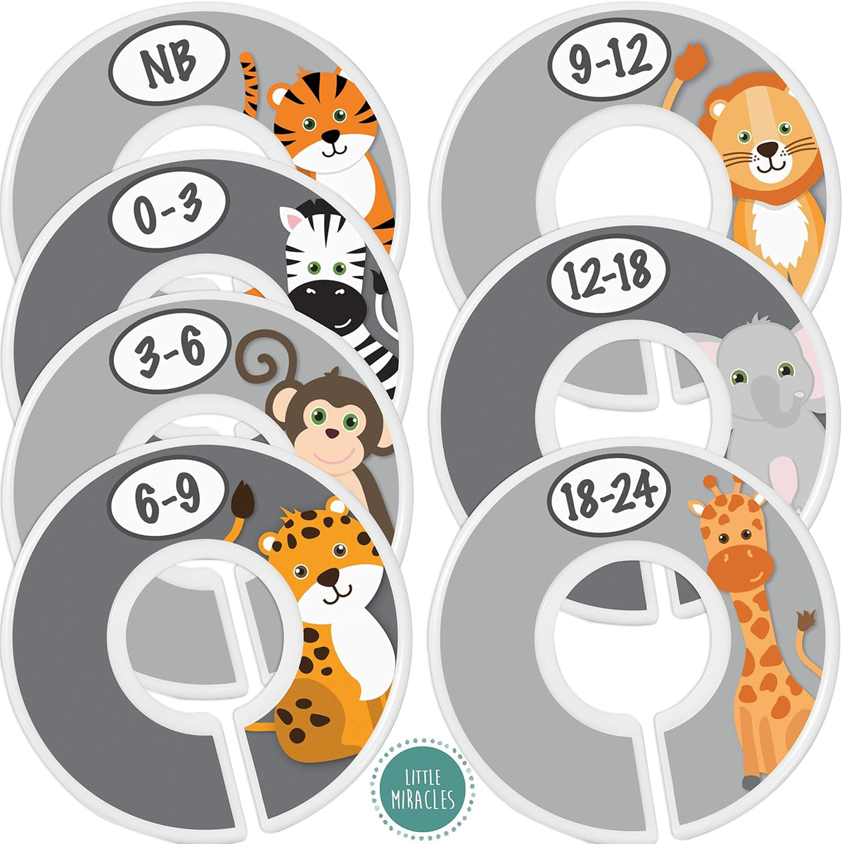 7 Pack Baby Closet Size Dividers for Baby Clothes, Safari [White]