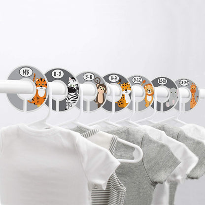7 Pack Baby Closet Size Dividers for Baby Clothes, Safari [White]