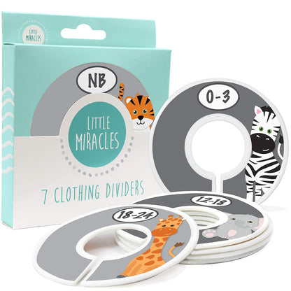 7 Pack Baby Closet Size Dividers for Baby Clothes, Safari [White]
