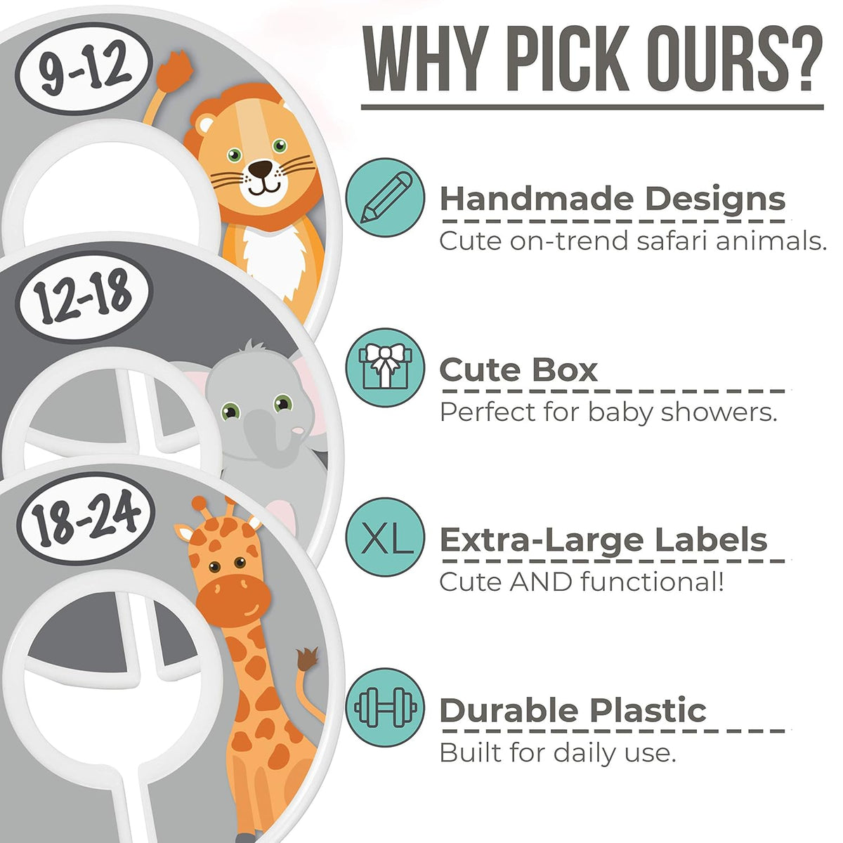 7 Pack Baby Closet Size Dividers for Baby Clothes, Safari [White]