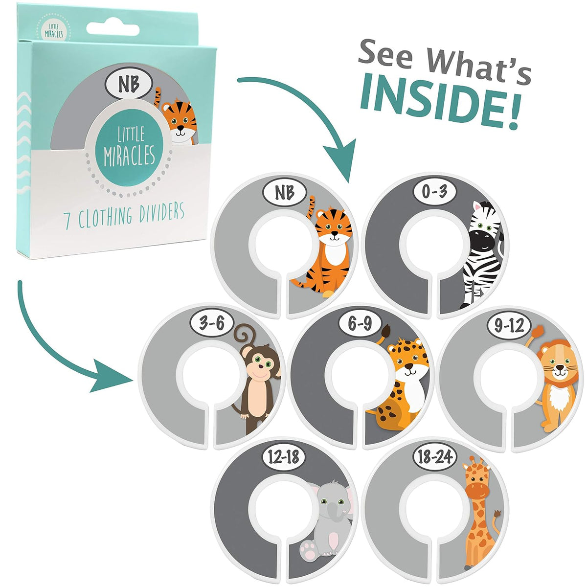 7 Pack Baby Closet Size Dividers for Baby Clothes, Safari [White]