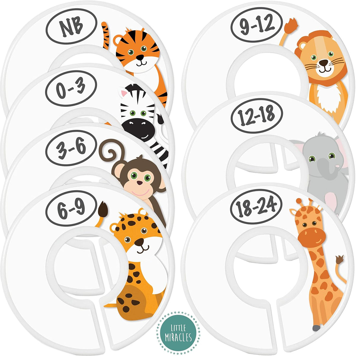 7 Pack Baby Closet Size Dividers for Baby Clothes, Safari [White]