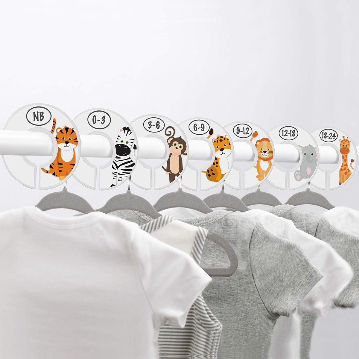 7 Pack Baby Closet Size Dividers for Baby Clothes, Safari [White]