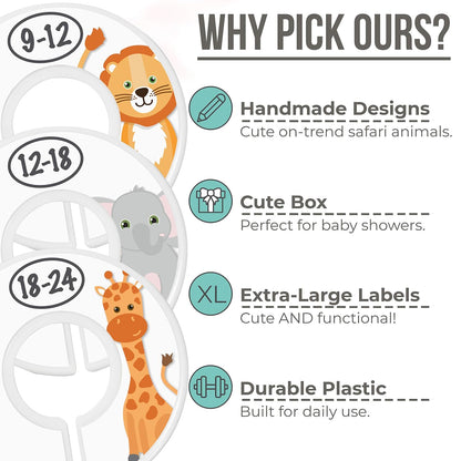 7 Pack Baby Closet Size Dividers for Baby Clothes, Safari [White]