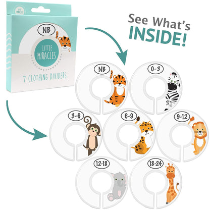 7 Pack Baby Closet Size Dividers for Baby Clothes, Safari [White]