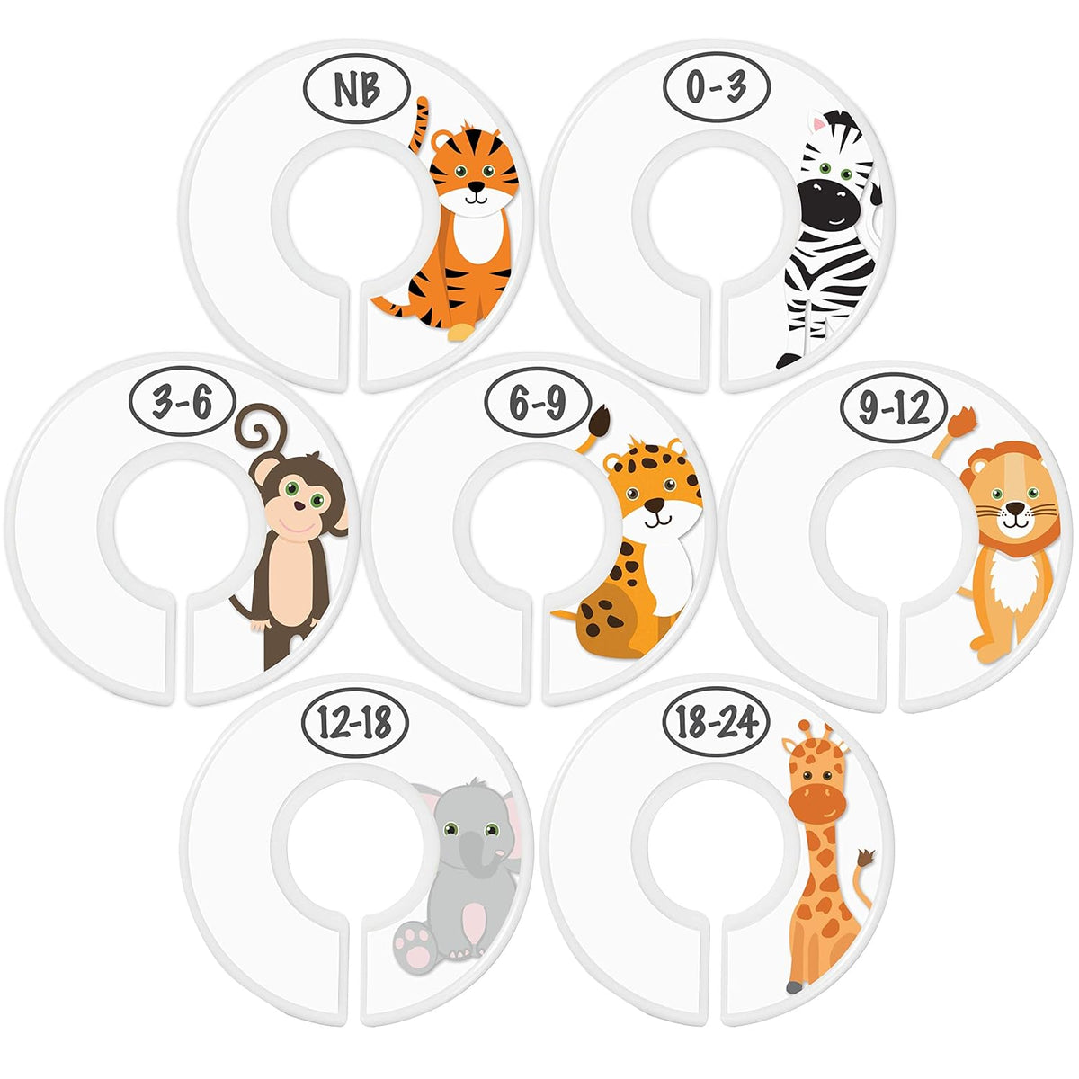 7 Pack Baby Closet Size Dividers for Baby Clothes, Safari [White]