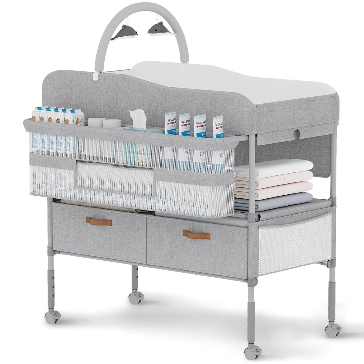 Diaper Changing Station, Portable Changing Table for Baby, Diaper Changing Table with Storage Drawers, Waterproof Baby Changing Station with Wheels and Adjustable Height for Newborn Infant (Grey)