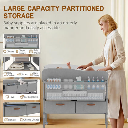 Diaper Changing Station, Portable Changing Table for Baby, Diaper Changing Table with Storage Drawers, Waterproof Baby Changing Station with Wheels and Adjustable Height for Newborn Infant (Grey)