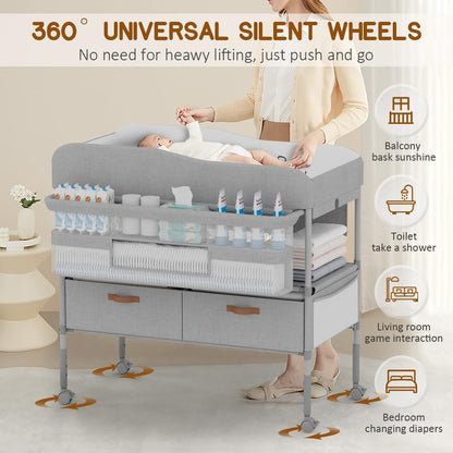 Diaper Changing Station, Portable Changing Table for Baby, Diaper Changing Table with Storage Drawers, Waterproof Baby Changing Station with Wheels and Adjustable Height for Newborn Infant (Grey)