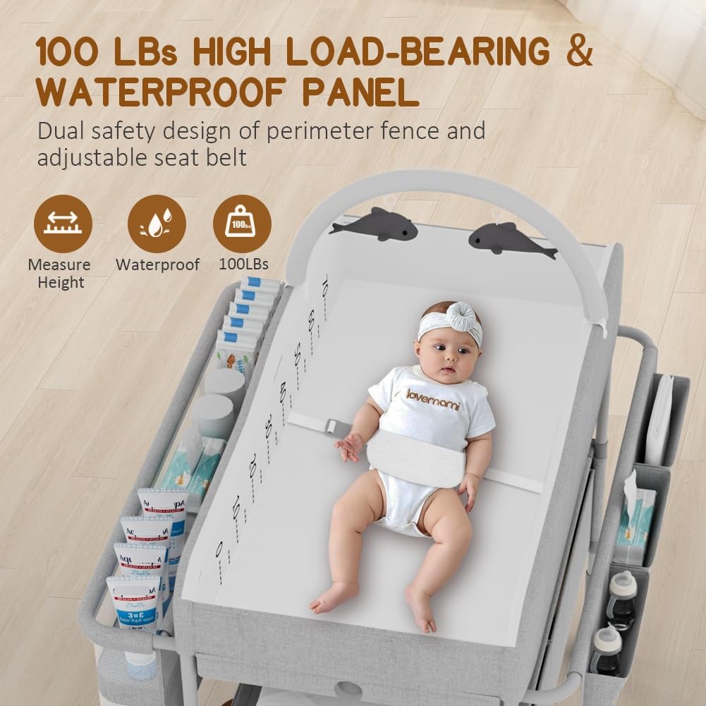 Diaper Changing Station, Portable Changing Table for Baby, Diaper Changing Table with Storage Drawers, Waterproof Baby Changing Station with Wheels and Adjustable Height for Newborn Infant (Grey)