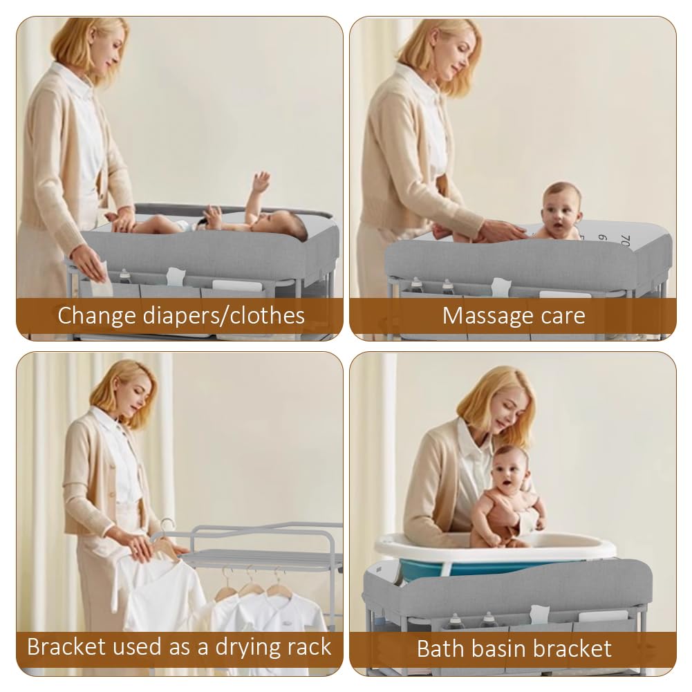 Diaper Changing Station, Portable Changing Table for Baby, Diaper Changing Table with Storage Drawers, Waterproof Baby Changing Station with Wheels and Adjustable Height for Newborn Infant (Grey)