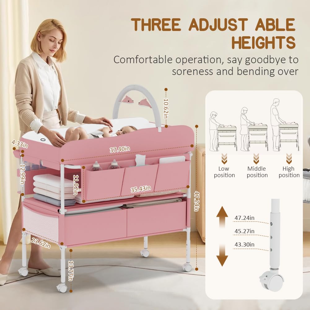 Diaper Changing Station, Portable Changing Table for Baby, Diaper Changing Table with Storage Drawers, Waterproof Baby Changing Station with Wheels and Adjustable Height for Newborn Infant (Grey)