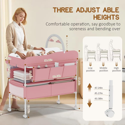 Diaper Changing Station, Portable Changing Table for Baby, Diaper Changing Table with Storage Drawers, Waterproof Baby Changing Station with Wheels and Adjustable Height for Newborn Infant (Grey)